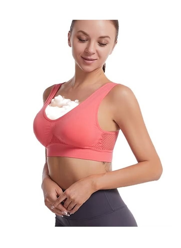 Women's Sports Bra, Wireless Breathable Hollow Out Mesh Lingerie for Ladies, Soild Color Seamless Padded Yoga Fitness Bra, Everyday Bras Comfortable Underwear for Sport or Daily Wear, Red - Image 2