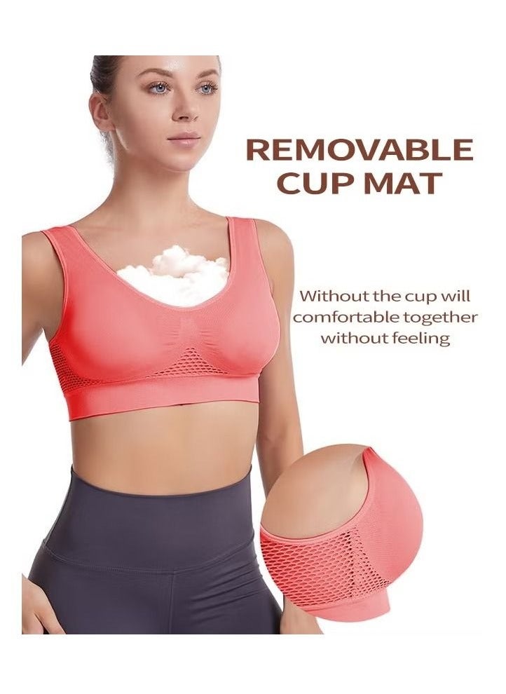 Women's Sports Bra, Wireless Breathable Hollow Out Mesh Lingerie for Ladies, Soild Color Seamless Padded Yoga Fitness Bra, Everyday Bras Comfortable Underwear for Sport or Daily Wear, Red - Image 3