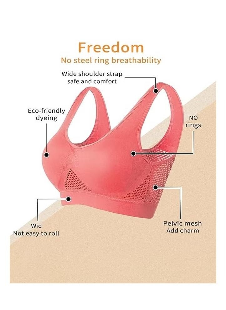 Women's Sports Bra, Wireless Breathable Hollow Out Mesh Lingerie for Ladies, Soild Color Seamless Padded Yoga Fitness Bra, Everyday Bras Comfortable Underwear for Sport or Daily Wear, Red - Image 4