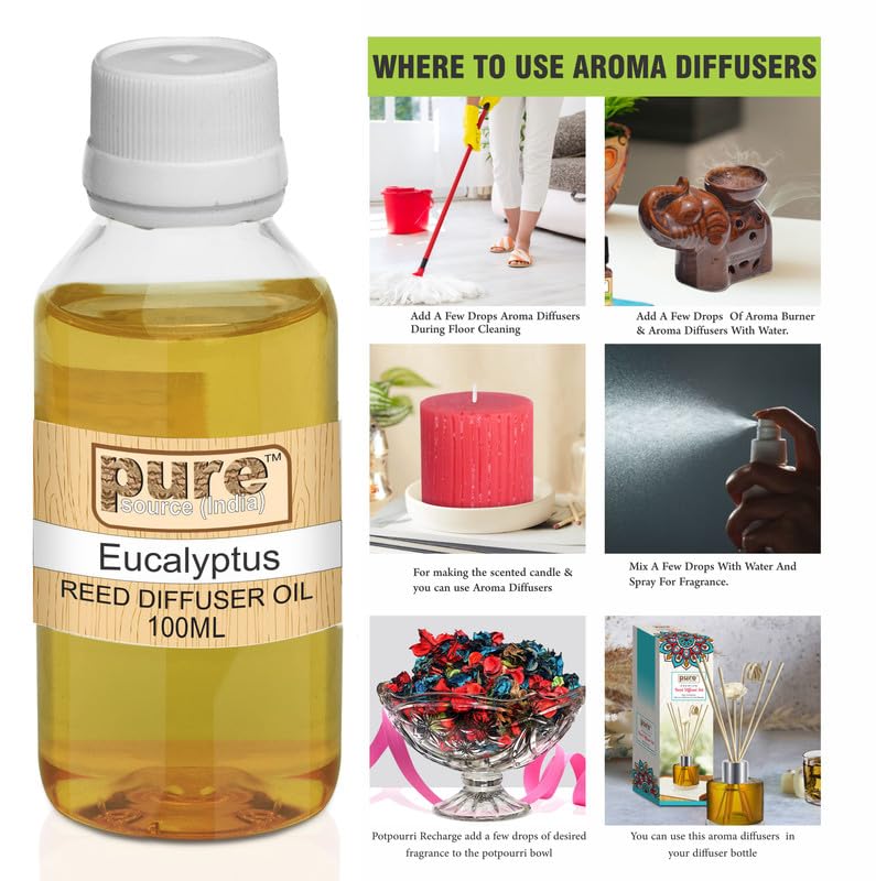 Pure Source India Aroma Reed Diffuser Refill Eucalyptus 100ML, 8 Pcs Reed Stick Coming Free With This Reed Diffuser Oil - Image 3
