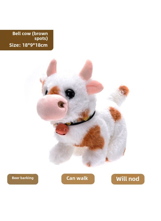 The Simulation Of Electric Plush Cows Will Walk Moo Call Sound Tail Electronic Pet Children's Toys-Colour:Bell Cow (brown)  - Image 1