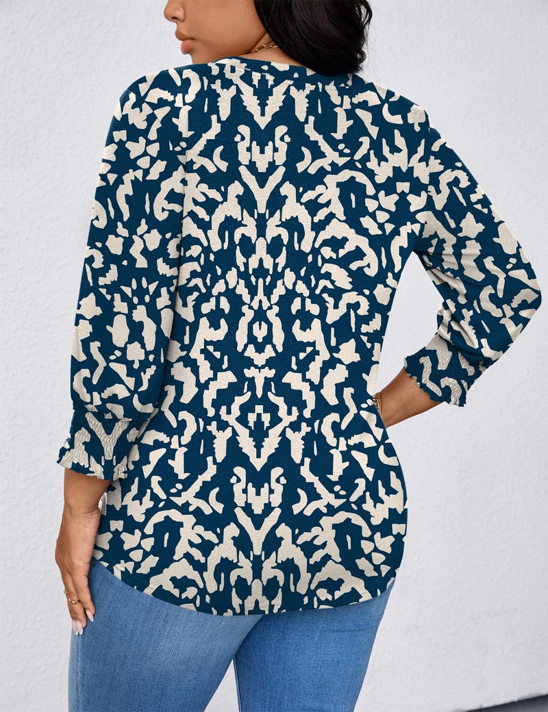 TFSDOD Plus Size Womens Clothing 2026 Spring Fashion Floral Tops for Women Business Casual 3/4 Length Sleeve V Neck Blouses Navy Blue Apricot Floral 4XL - Image 3