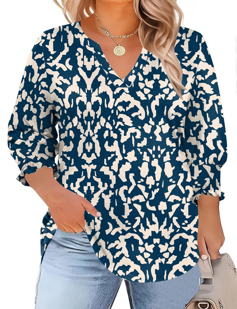 TFSDOD Plus Size Womens Clothing 2026 Spring Fashion Floral Tops for Women Business Casual 3/4 Length Sleeve V Neck Blouses Navy Blue Apricot Floral 4XL - Image 1