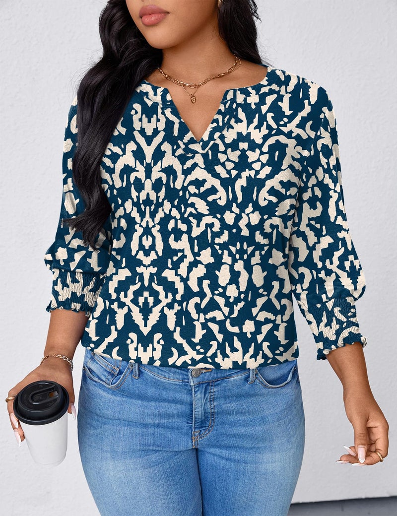 TFSDOD Plus Size Womens Clothing 2026 Spring Fashion Floral Tops for Women Business Casual 3/4 Length Sleeve V Neck Blouses Navy Blue Apricot Floral 4XL - Image 5