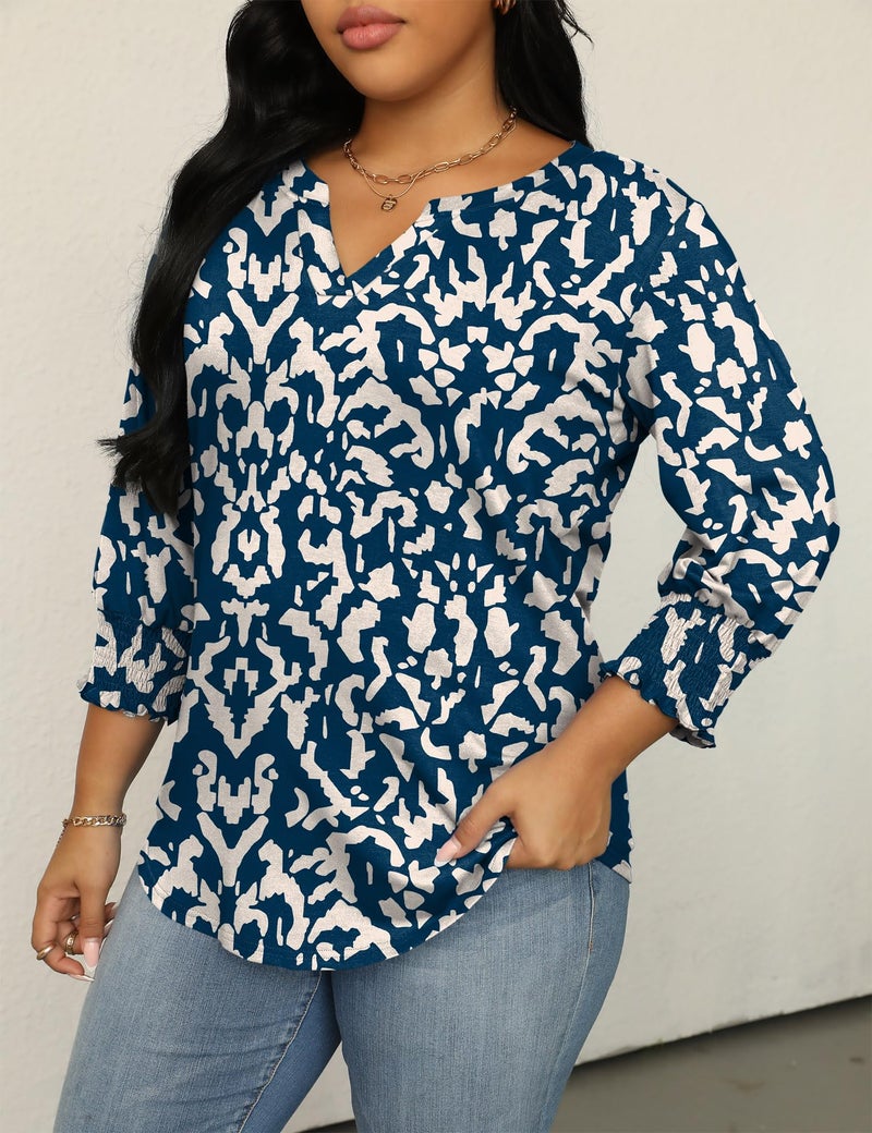 TFSDOD Plus Size Womens Clothing 2026 Spring Fashion Floral Tops for Women Business Casual 3/4 Length Sleeve V Neck Blouses Navy Blue Apricot Floral 4XL - Image 2