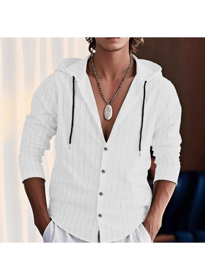 Casual Striped Linen Long Sleeve Slim Fit Hoodie Men's Shirt Spring Autumn  Comfortable Breathable  - Image 1