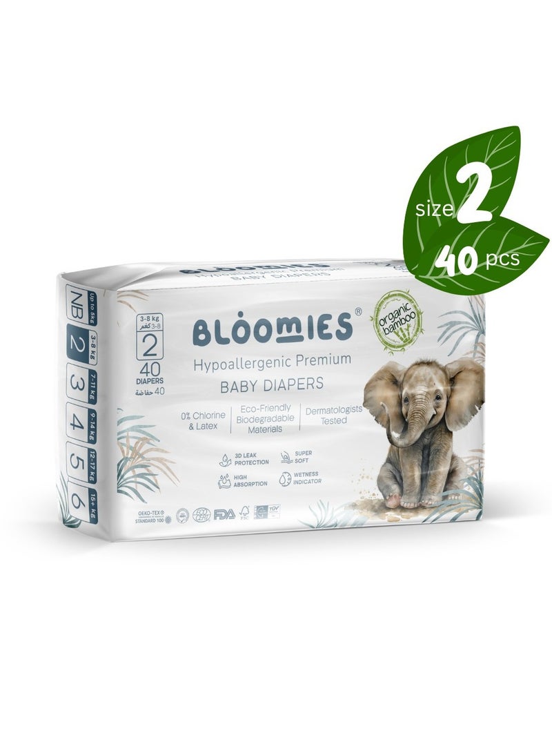 Bloomies Organic Bamboo Baby Diapers Size 2 (3-8kg baby) 40pcs| Eco-friendly, Hypoallergenic, Non-toxic, Breathable Nappies  - Image 1