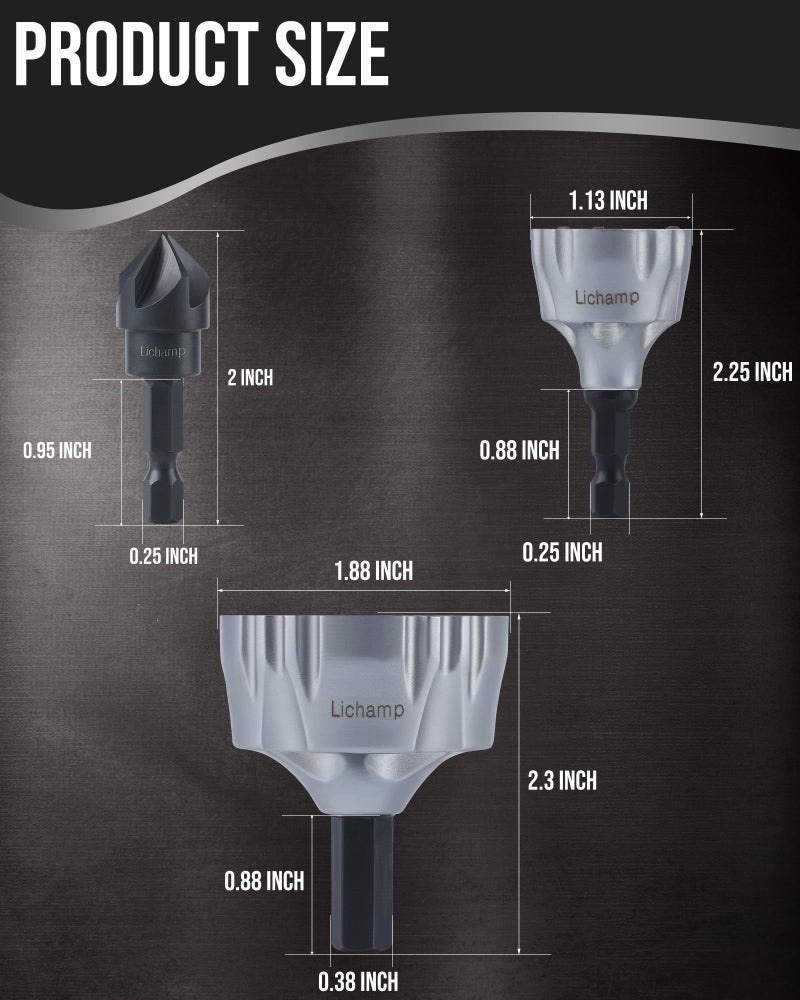 Lichamp أداة تشطيب حواف من كربيد التنجستن 1/8" إلى 1-7/16" مع مثقاب مائل 1/8" إلى 5/8"، أداة تشطيب حواف من كربيد التنجستن لإزالة البروزات من البراغي والمسامير والمثبتات التالفة - Image 2