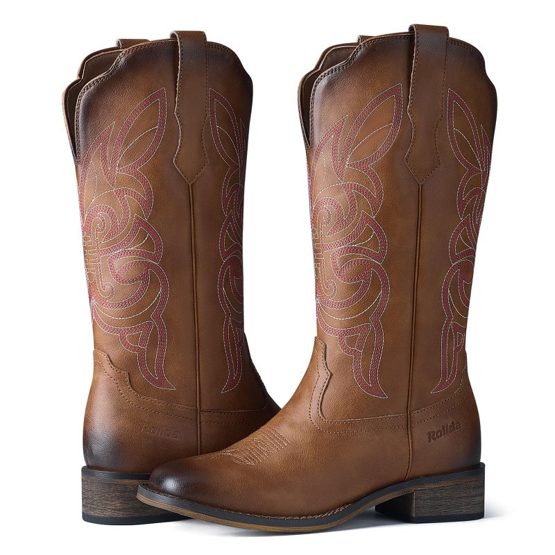 Rollda Women's Cowboy Boots Cowgirl Boots for Women Square Toe Western Boots Mid Calf Boots with Chunky Heel Dark Brown Size 8 - Image 5