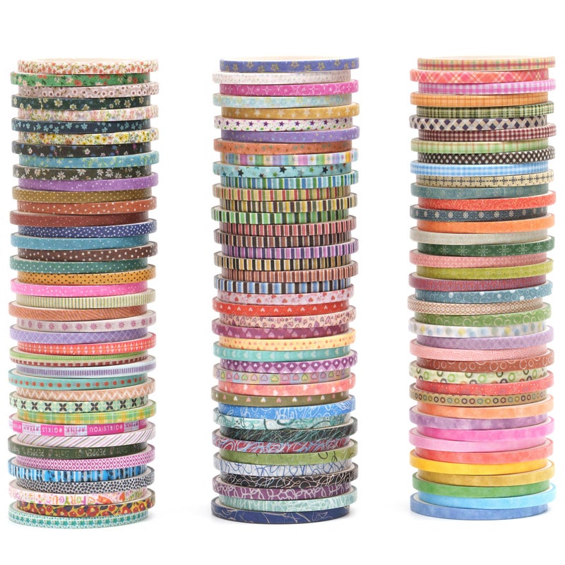 YUBX Skinny Washi Tape Pack 120 Rolls Basic Patterns Decorative Slim Geometric Elegance Masking Tapes for Arts, DIY Crafts, Journals, Planners, Scrapbook, Wrapping - Image 1