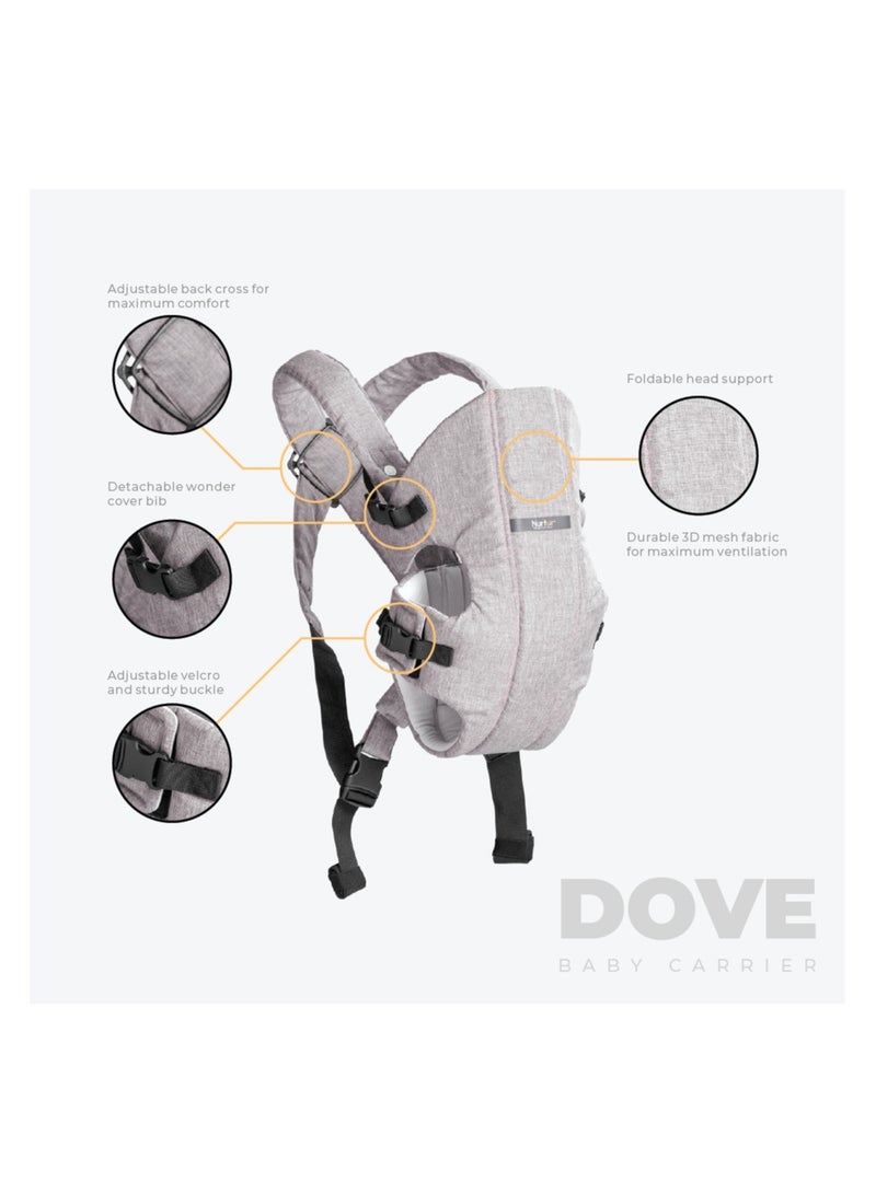 Nurtur Dove Deluxe Infant Baby Carrier – Premium Fabric, Dual-Facing Comfort, Adjustable Cushioned Straps, & Built-In Baby Bib - Grey  - Image 4