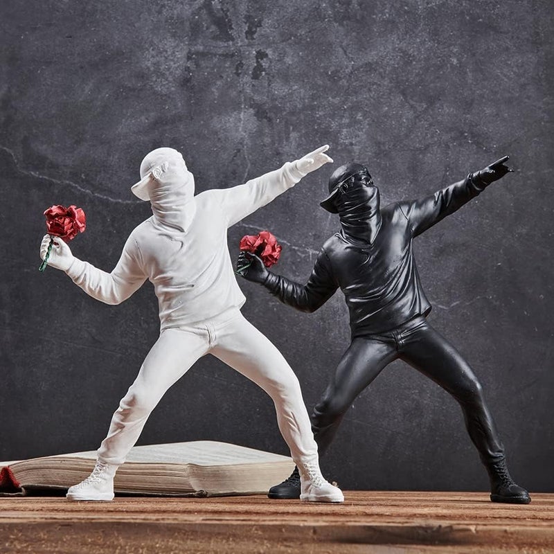 Newmyth Banksy Flower Throwing Statue Flower Thrower Sculpture  Man's Room Figurines Home Decor for Shelves  Resin Art Craft Desk Decoration Collection Ornament Gift (White) - Image 5