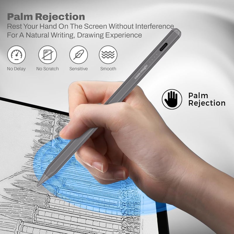 case-magic iPad Pencil Active Stylus Pen with Palm Rejection,Tilt Sensor, High Precision Tip|for iPad 2018-2025 iPad(6/7/8/9/10) Air(3/4/5/M2) Pro 11"(1/2/3/4) Pro12.9"(3/4/5/6/M4)Mini (6/5)DARK GREY - Image 3
