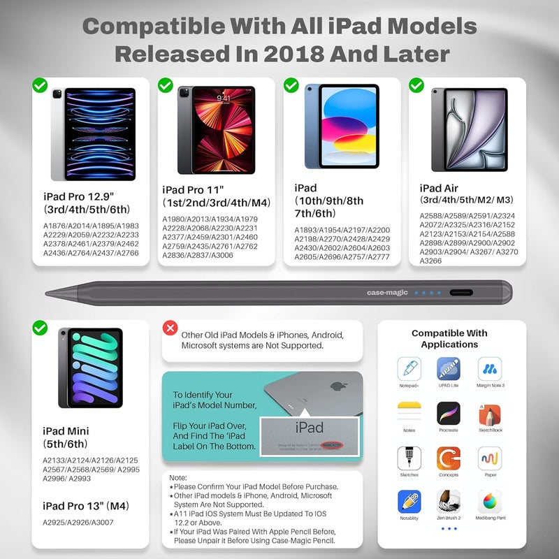 case-magic iPad Pencil Active Stylus Pen with Palm Rejection,Tilt Sensor, High Precision Tip|for iPad 2018-2025 iPad(6/7/8/9/10) Air(3/4/5/M2) Pro 11"(1/2/3/4) Pro12.9"(3/4/5/6/M4)Mini (6/5)DARK GREY - Image 2