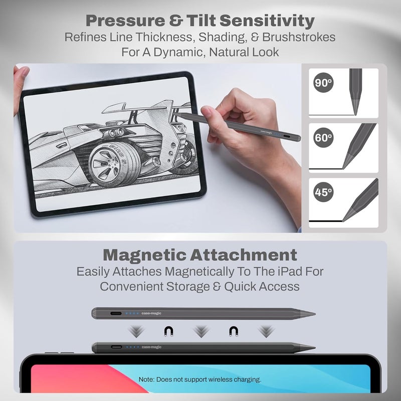 case-magic iPad Pencil Active Stylus Pen with Palm Rejection,Tilt Sensor, High Precision Tip|for iPad 2018-2025 iPad(6/7/8/9/10) Air(3/4/5/M2) Pro 11"(1/2/3/4) Pro12.9"(3/4/5/6/M4)Mini (6/5)DARK GREY - Image 5