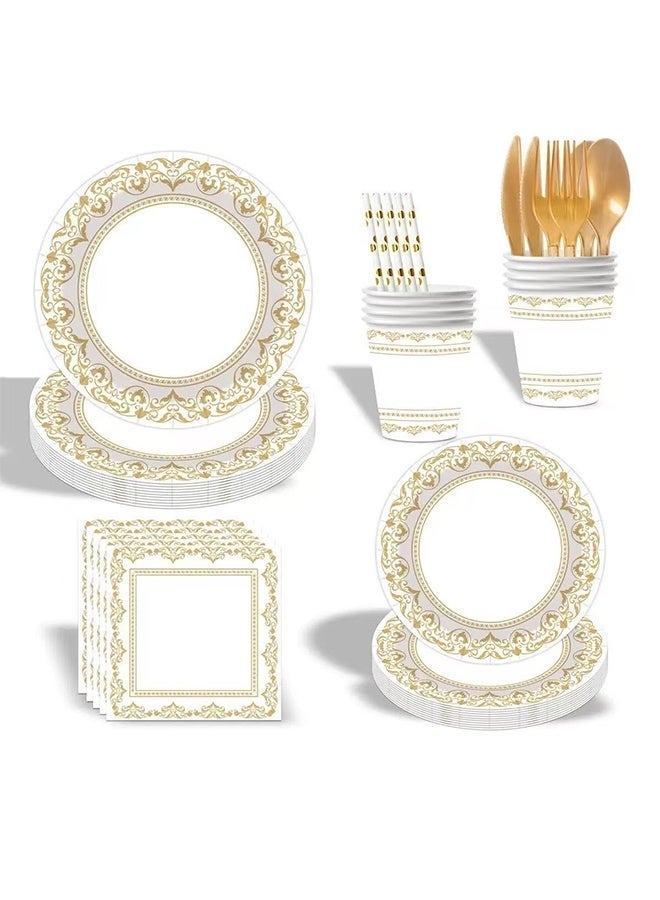 مجموعة أدوات طعام حفلات ذهبي وأبيض يمكن التخلص منها لـ10 ضيوف، أطباق ورقية وأكواب ومناديل وأدوات أكل وقش أوروبية فاخرة، لوازم حفلات عيد ميلاد وزفاف وتخرج واجتماع عائلي - Image 2