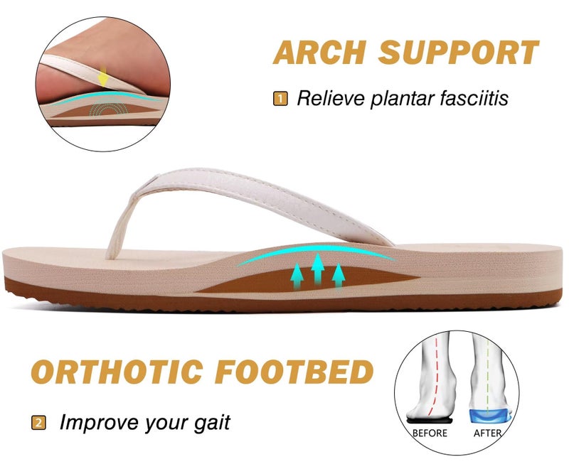 KuaiLu Womens Arch Support Flip Flops Comfortable Yoga Mat Slip on Leather Walking Thong Cushion Sandals Summer Beach Orthotic Slides Travel Essentials Indoor Outdoor Slippers Shoes Beige Size 7 - Image 4