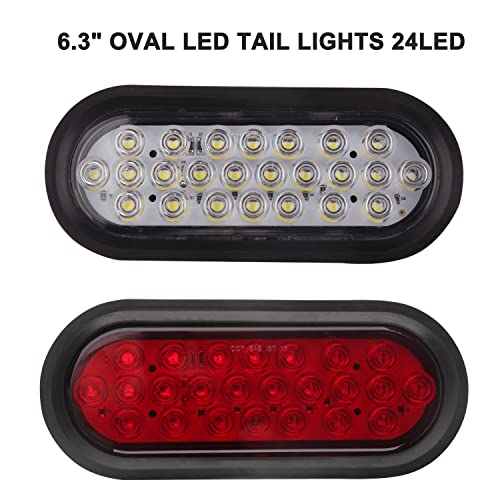 Konrali 4Pcs 6 Inch Oval Led Trailer Tail Lights 24 LED, 6" Oval Led Stop Turn Brake Tail Lights Red Trailer Reverse Backup Lights White for Trucks w/Grommets and 3 Prong Wire Pigtails (2Red + 2White) - Image 2