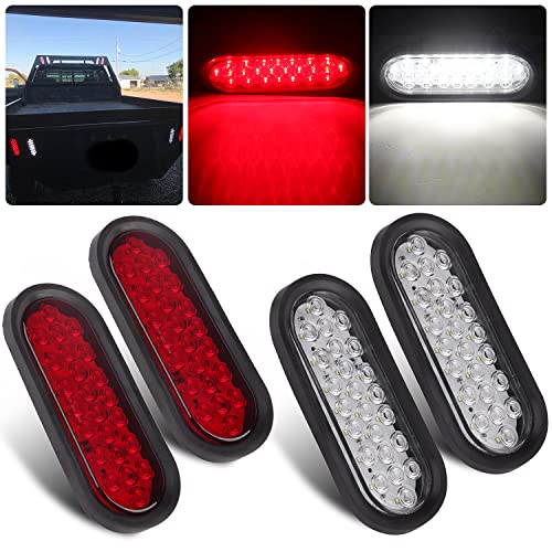 Konrali 4Pcs 6 Inch Oval Led Trailer Tail Lights 24 LED, 6" Oval Led Stop Turn Brake Tail Lights Red Trailer Reverse Backup Lights White for Trucks w/Grommets and 3 Prong Wire Pigtails (2Red + 2White) - Image 1