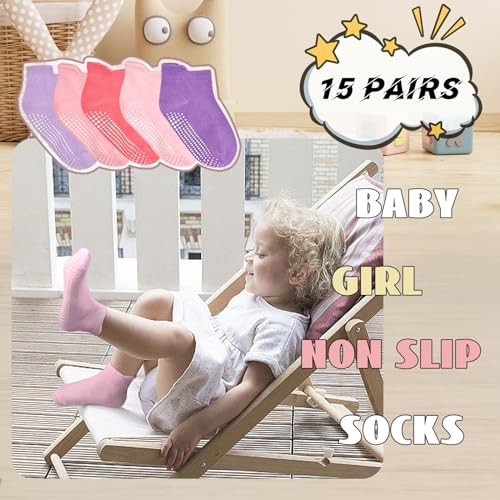 HYCLES 15 Pairs Girl Grip Socks Non Slip Toddler Girls Socks Baby Ankle Sock for 3-5T Kids - Image 3