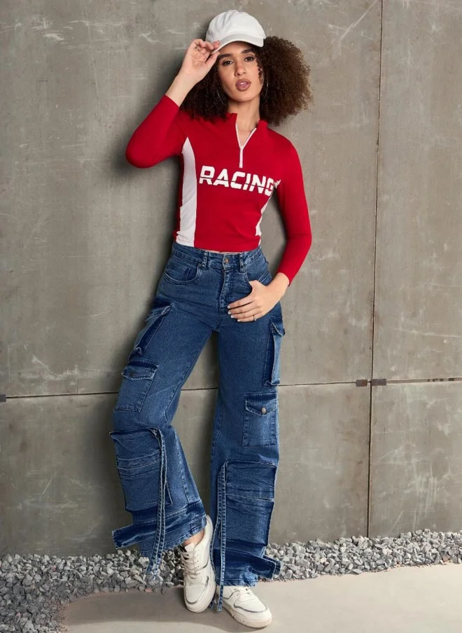 SASSAFRAS Red High Neck Slim Fit T-Shirt for Women