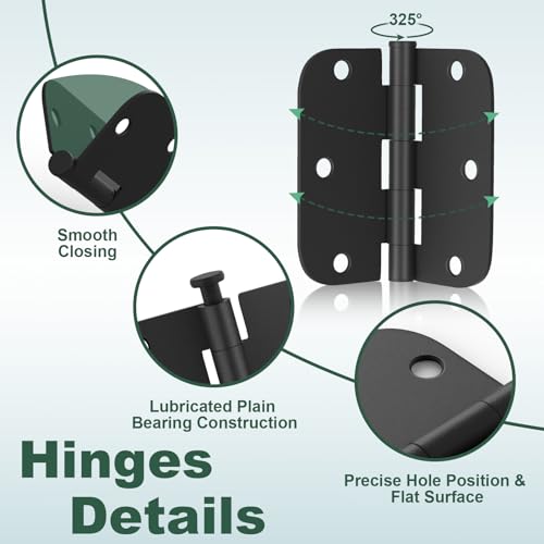 Estmoon 50 Pack 3.5 x 3.5 Inch Rounded Door Hinges Matte Black, 5/8" Radius Interior Hinges Heavy Duty Bifold Residential Hinges for Bathroom/Bedroom/Exterior/Internal Door, 6 Holes - Image 5