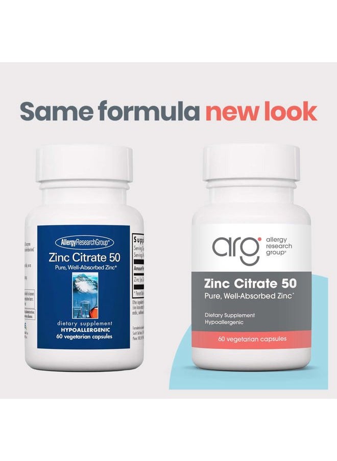 Allergy Research Group - Zinc Citrate Supplement - Zinc for Men & Women, Immune Support, Pure, Well-Absorbed, Well-Tolerated, Trace Mineral, 50mg Vegetarian Capsules - 60 Count - Image 1