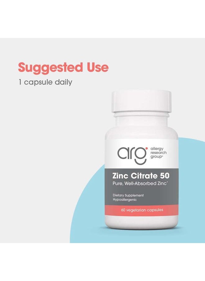 Allergy Research Group - Zinc Citrate Supplement - Zinc for Men & Women, Immune Support, Pure, Well-Absorbed, Well-Tolerated, Trace Mineral, 50mg Vegetarian Capsules - 60 Count - Image 1
