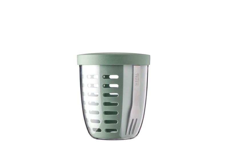 Mepal – Fruit & Veggie Pot Ellipse – Fruit Container – Ideal For Fruit and Vegetables On The Go – Fruit Box With Fork & Colander – 600 ml – Nordic Sage - Image 1