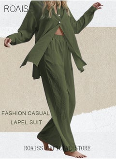 roaiss Ladies 2 Piece Set New Trend Fashion Classic Solid Color Cotton Linen Shirt Suit Summer Spring Plus Size Clothes for Women Breathable and Cool Long-Sleeve Lapel Shirt Loose Pants  - Image 2