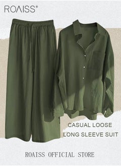 roaiss Ladies 2 Piece Set New Trend Fashion Classic Solid Color Cotton Linen Shirt Suit Summer Spring Plus Size Clothes for Women Breathable and Cool Long-Sleeve Lapel Shirt Loose Pants  - Image 3