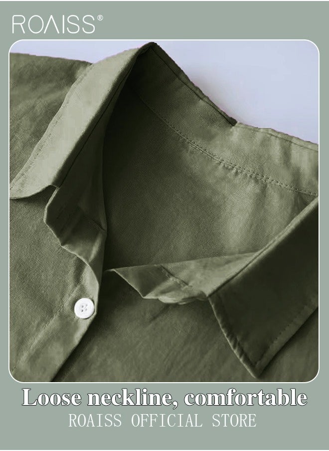 roaiss - Ladies 2 Piece Set New Trend Fashion Classic Solid Color Cotton Linen Shirt Suit Summer Spring Plus Size Clothes for Women Breathable and Cool Long-Sleeve Lapel Shirt Loose Pants - Image 1