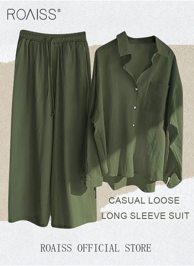 roaiss - Ladies 2 Piece Set New Trend Fashion Classic Solid Color Cotton Linen Shirt Suit Summer Spring Plus Size Clothes for Women Breathable and Cool Long-Sleeve Lapel Shirt Loose Pants - Image 1
