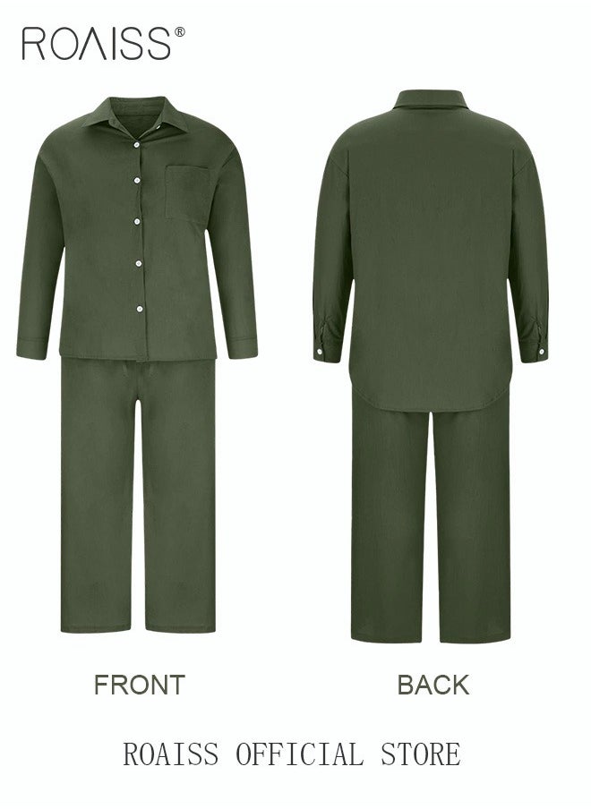 roaiss - Ladies 2 Piece Set New Trend Fashion Classic Solid Color Cotton Linen Shirt Suit Summer Spring Plus Size Clothes for Women Breathable and Cool Long-Sleeve Lapel Shirt Loose Pants - Image 1