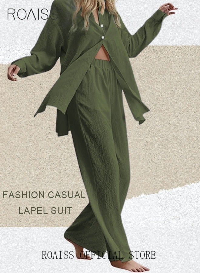 roaiss Ladies 2 Piece Set New Trend Fashion Classic Solid Color Cotton Linen Shirt Suit Summer Spring Plus Size Clothes for Women Breathable and Cool Long-Sleeve Lapel Shirt Loose Pants - Image 1