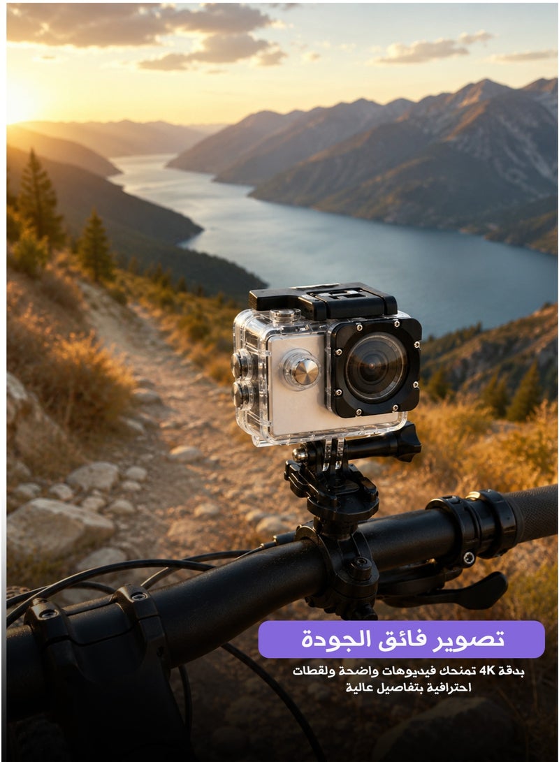 أتش دي كاميرا رياضية أكشن 4K مقاومة للماء مع غلاف حماية – عدسة واسعة 140 درجة – شاشة عرض واضحة – بطارية قابلة للفك – تصوير تحت الماء – مناسبة للسفر والفلوقات والمغامرات - Image 2