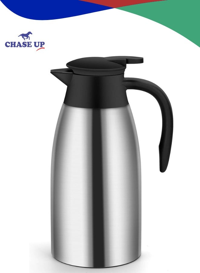 Chase Up 2L Vacuum Insulated Stainless Steel Teapot Thermal Flask Carafe – Large Capacity Double-Wall Thermos, Long-Lasting Insulation & Easy Pour for Coffee Tea Water (Silver)