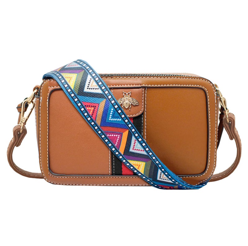 Beatfull Designer Crossbody Bag Bee Shoulder Purse for Women Trendy Wide Strap Camera Clutch PU Leather Handbag Brown - Image 1