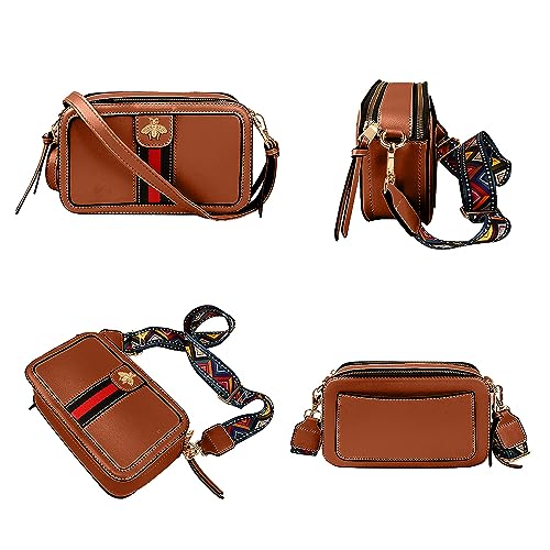 Beatfull Designer Crossbody Bag Bee Shoulder Purse for Women Trendy Wide Strap Camera Clutch PU Leather Handbag Brown - Image 5
