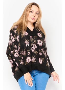 Black Tape Women V-Neck Floral Print Sweater, Multicolor  - Image 1