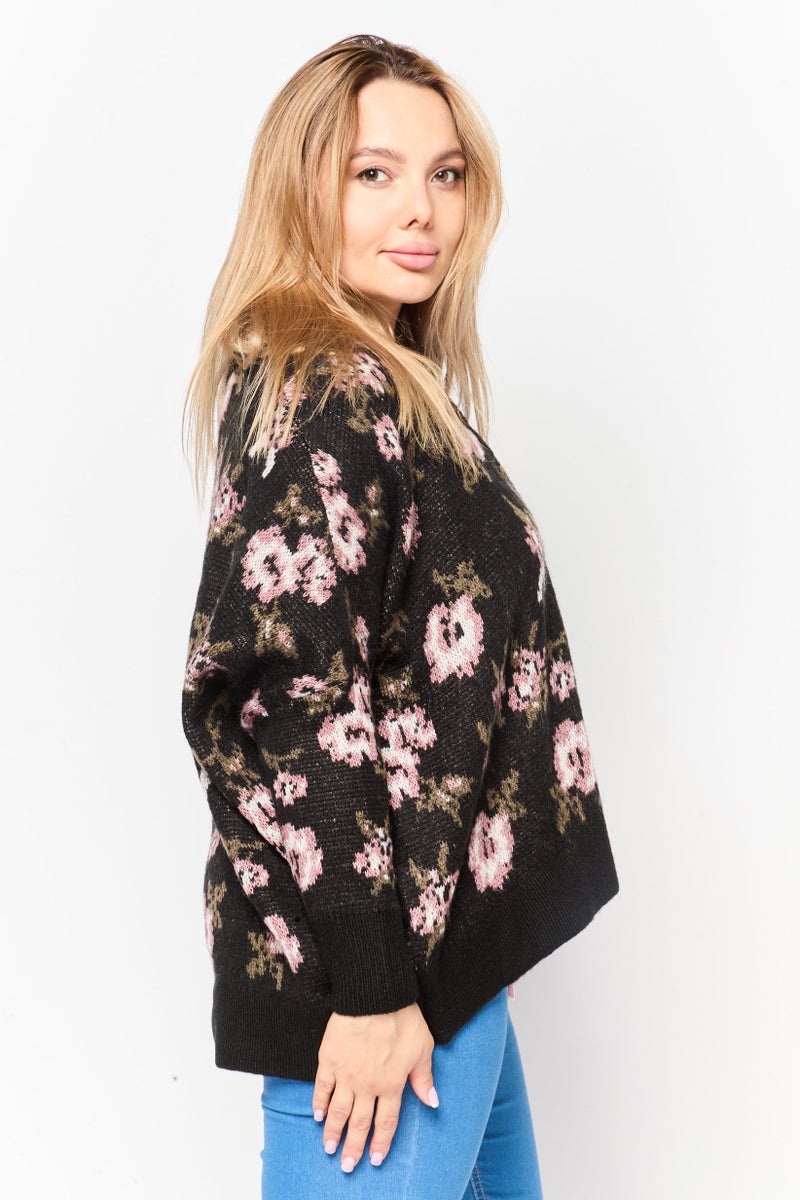 Black Tape Women V-Neck Floral Print Sweater, Multicolor  - Image 3