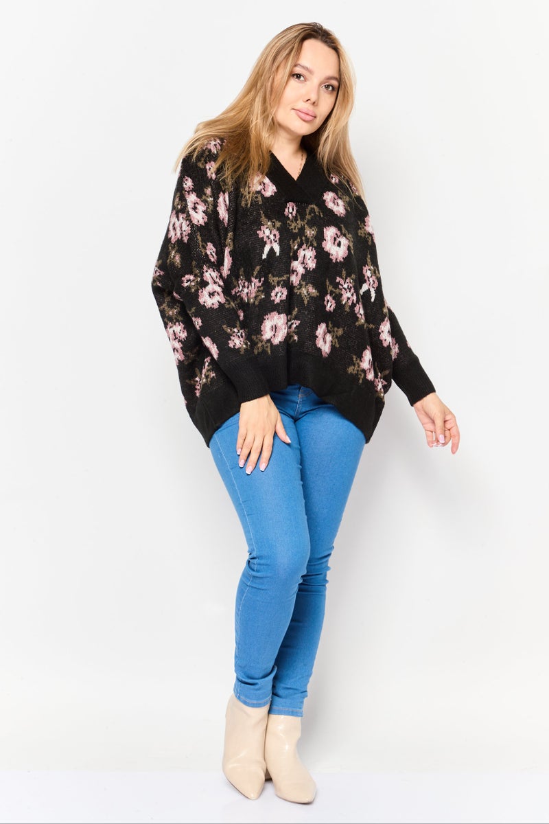 Black Tape Women V-Neck Floral Print Sweater, Multicolor  - Image 2