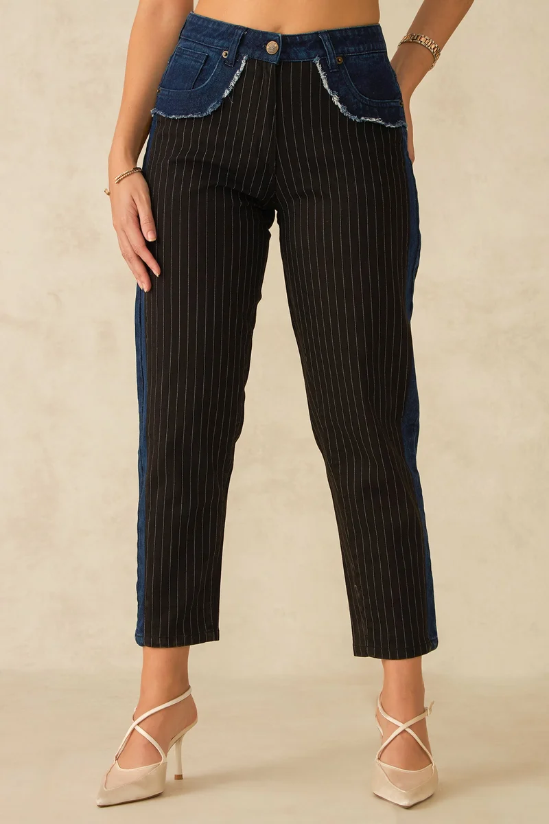 فيرجيو Stripes Cotton Denim Fusion Midi Jeans for Women