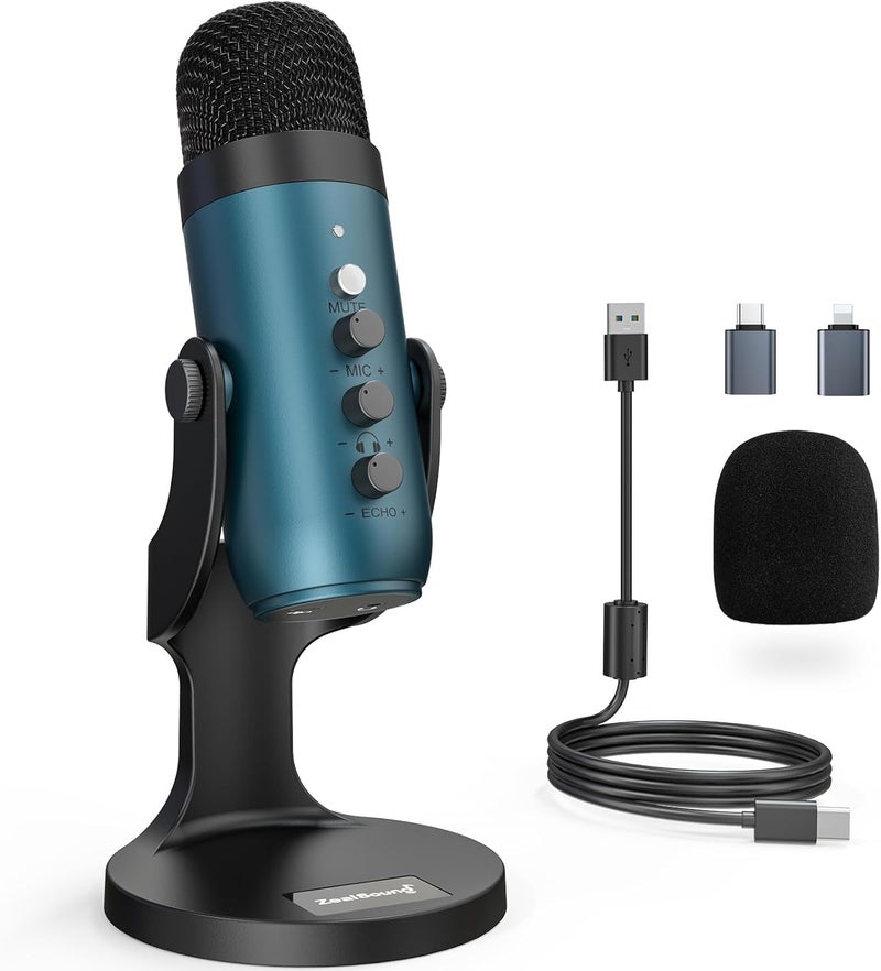 ميكروفون USB من ZealSound، ميكروفون كمبيوتر مكثف، ميكروفونات ألعاب للتوصيل والتشغيل لـ PS4 وPS5. خرج سماعة الرأس والتحكم في مستوى الصوت، التحكم في كسب الميكروفون، زر كتم الصوت، بودكاست يوتيوب على Mac وWindows وردي لؤلؤي - Image 1