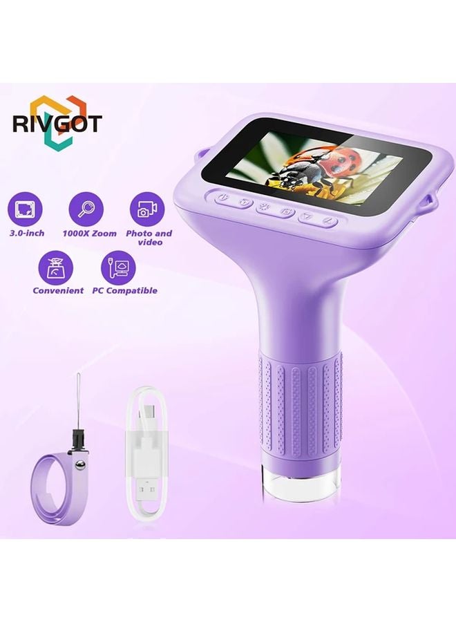 Rivgot Purple Handheld Digital Microscope For Kids 1000x Magnification 3 Inch IPS HD Screen USB Powered - Image 1