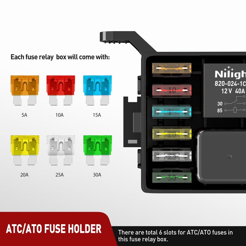 Nilight 12V Fuse Relay Box 6 Relays 6 Slots ATC/ATO Blade Fuse Holder 4Pin 5Pin Terminal 40A Relay Pre-Wired Waterproof Block Kit Universal for Automotive Car Truck Camper Boat - Image 3