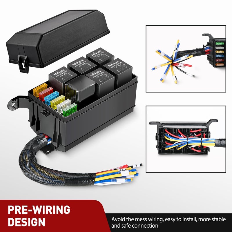 Nilight 12V Fuse Relay Box 6 Relays 6 Slots ATC/ATO Blade Fuse Holder 4Pin 5Pin Terminal 40A Relay Pre-Wired Waterproof Block Kit Universal for Automotive Car Truck Camper Boat - Image 4
