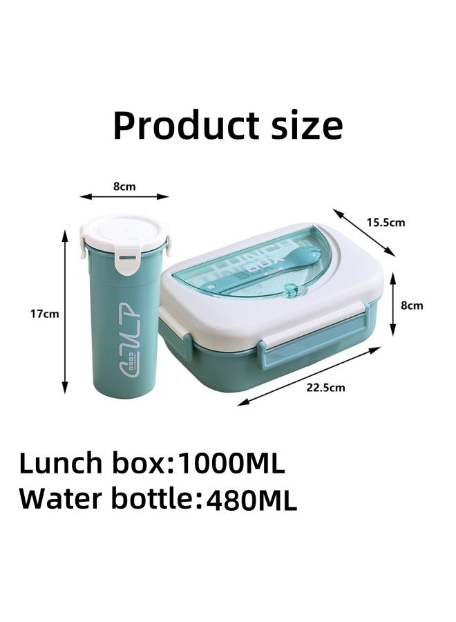 جيجيرو طقم صندوق غداء بينتو مع كوب ماء للأطفال، 1000 مل طقم صندوق غداء بينتو مع زجاجة ماء 400 مل، 4 أقسام صندوق غداء مع أدوات مائدة وحاويات صلصة، أخضر - Image 2