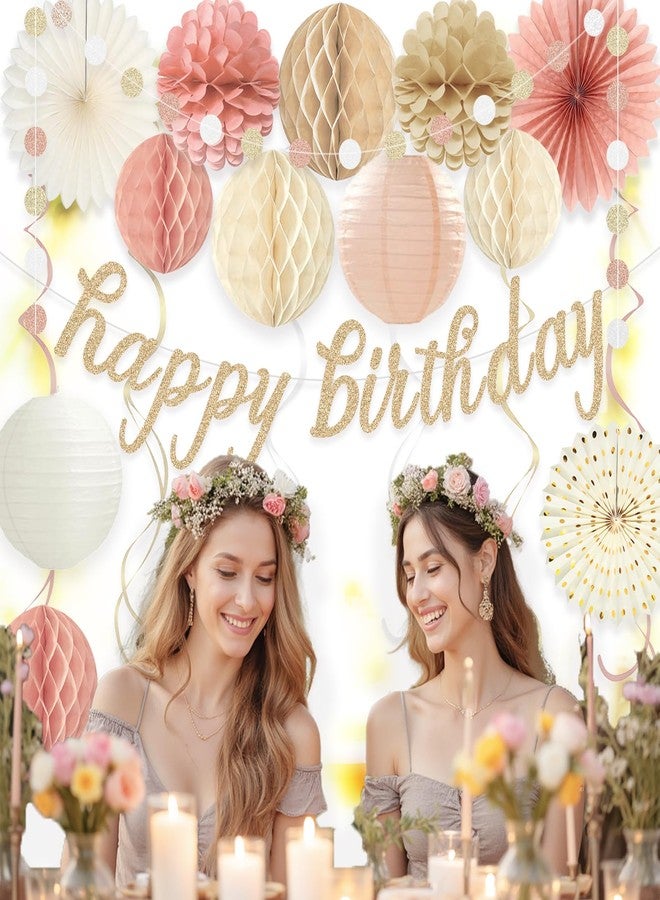 Aonor Boho Pink Happy Birthday Decorations, Pre-Strung Happy Birthday Banner with Honeycomb Balls, Paper Flowers, Lanterns, Fans, Hanging Swirls, Circle Dots Garland for Birthdays Party Decorations 24pcs - Image 2