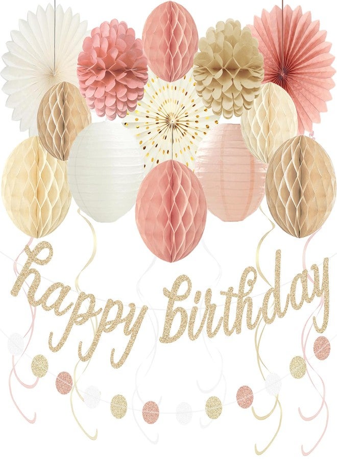 Aonor Boho Pink Happy Birthday Decorations, Pre-Strung Happy Birthday Banner with Honeycomb Balls, Paper Flowers, Lanterns, Fans, Hanging Swirls, Circle Dots Garland for Birthdays Party Decorations 24pcs - Image 1